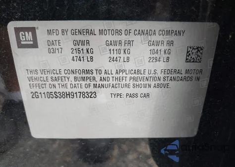 2017 Chevrolet Impala 1Lt из США, поврежденный, VIN 2G1105S38H9178323